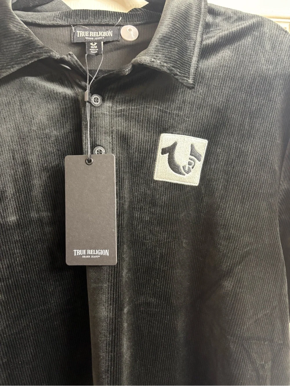True Religion Men's Black Velvet Polo with Chest Logo Patch